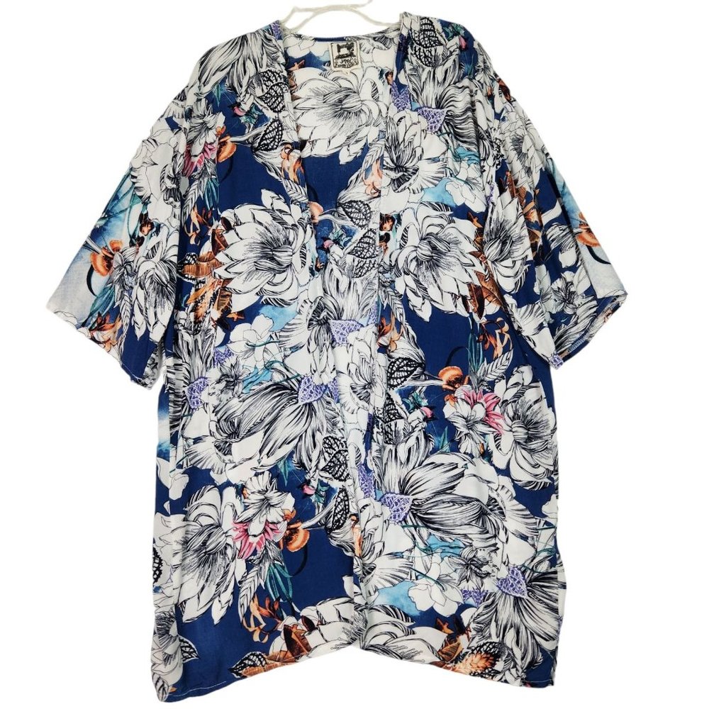 Jaase Womens Kimono‎ Duster Sz XS Blue Floral Mid Length 3/4 Sleeve Anthropology